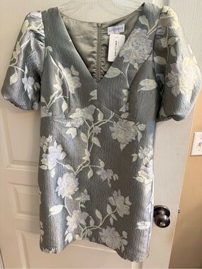 Lucy Paris Silver Floral Jacquard Mini Dress with Puff Sleeves
